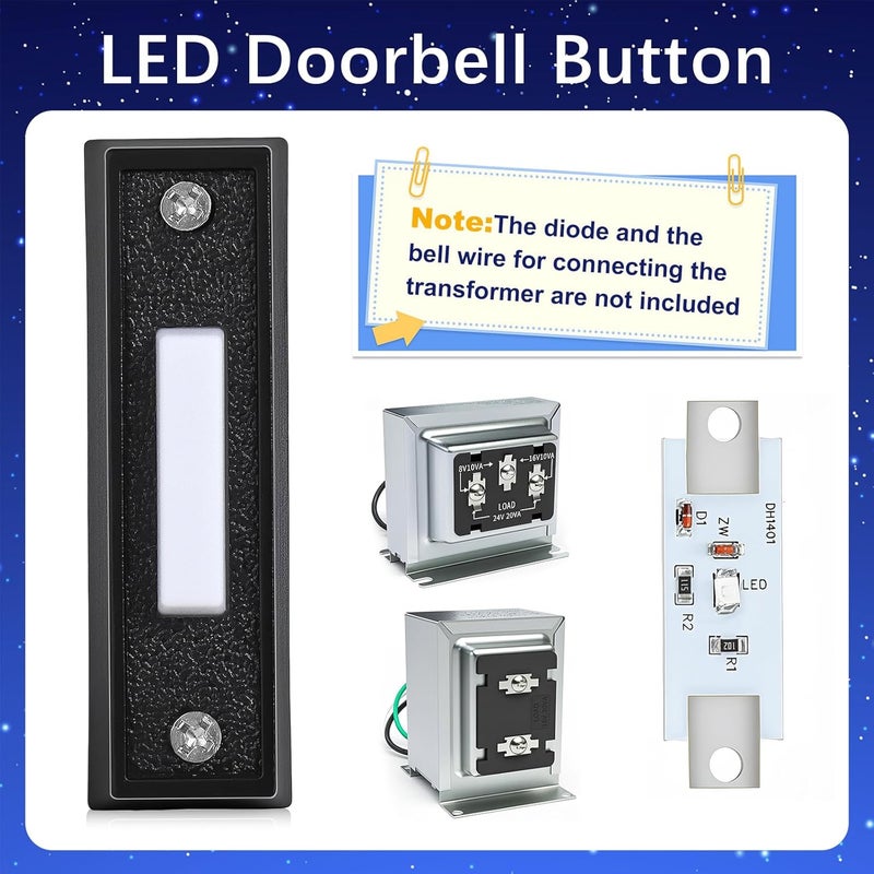 AUGHOA Lighted Doorbell Button, Wall Mounted Doorbell Switch with LED Light, Wired Door Bell Push Buttons for Garage Door Opener, Transformer, Ringers, Buzzers (Black) - Image 2